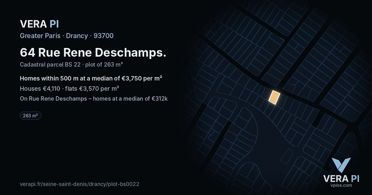 64 Rue Rene Deschamps, Drancy at night – the plot lit, the parcels around coloured by the prices near them