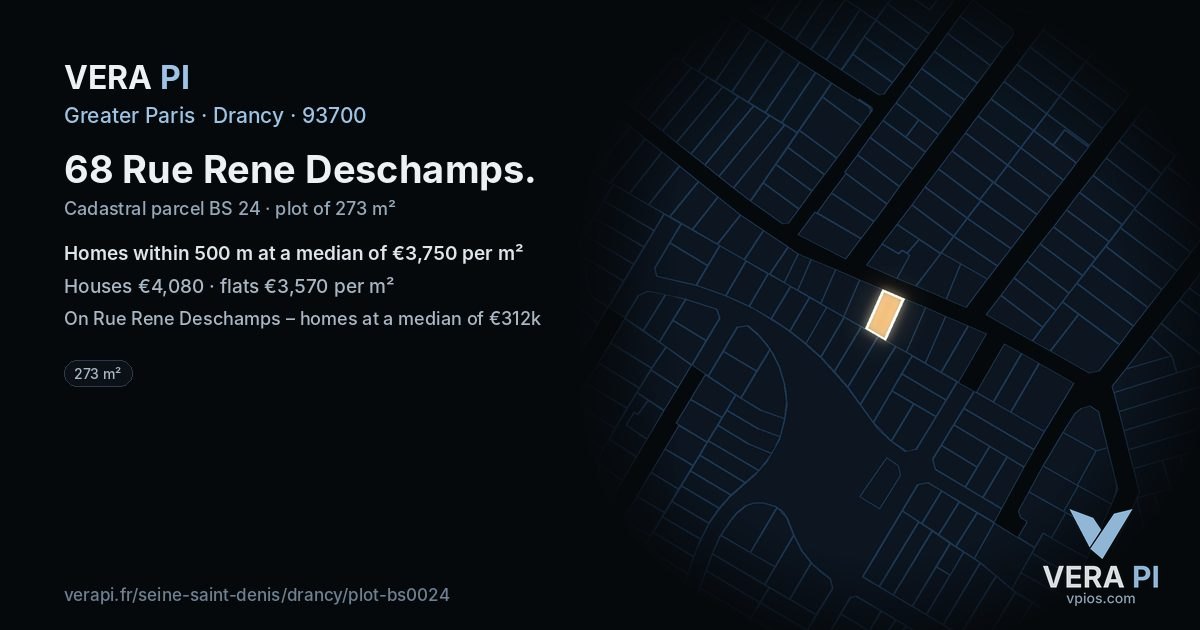 68 Rue Rene Deschamps, Drancy at night – the plot lit, the parcels around coloured by the prices near them
