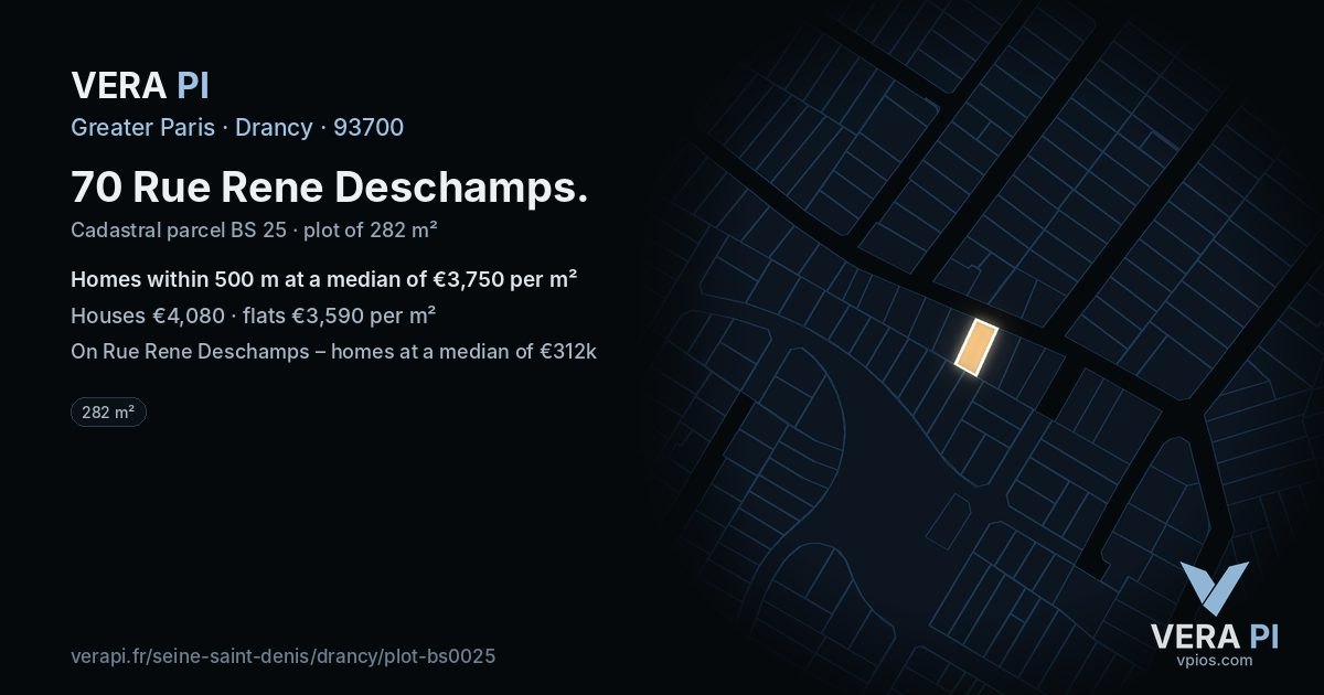 70 Rue Rene Deschamps, Drancy at night – the plot lit, the parcels around coloured by the prices near them