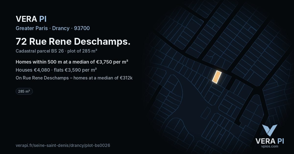 72 Rue Rene Deschamps, Drancy at night – the plot lit, the parcels around coloured by the prices near them