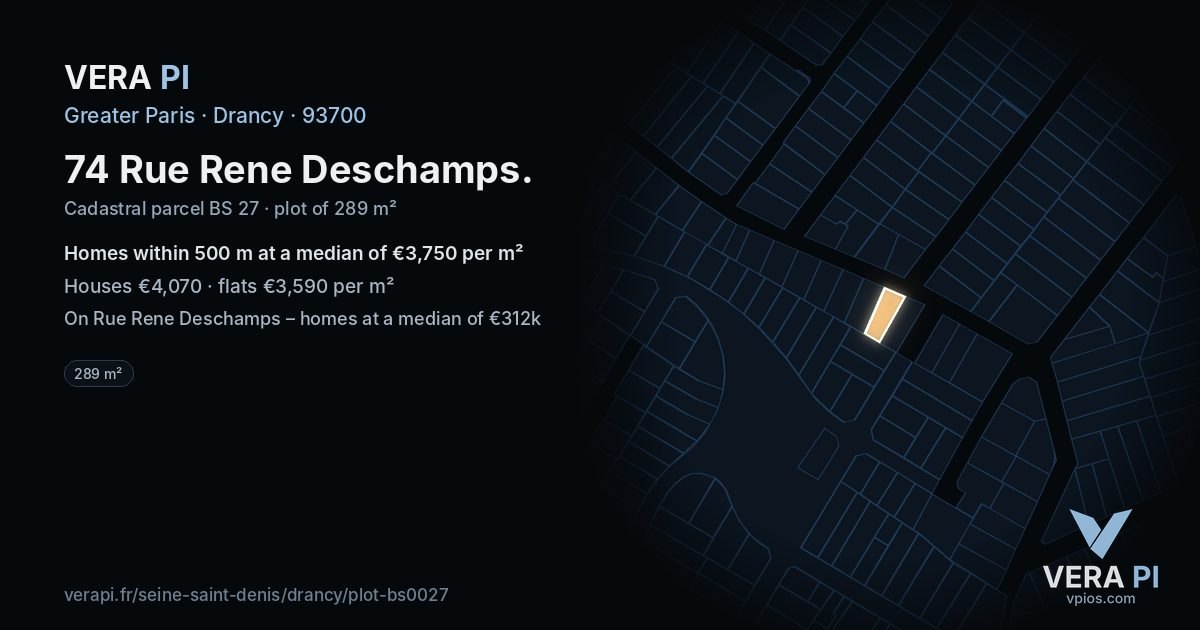 74 Rue Rene Deschamps, Drancy at night – the plot lit, the parcels around coloured by the prices near them