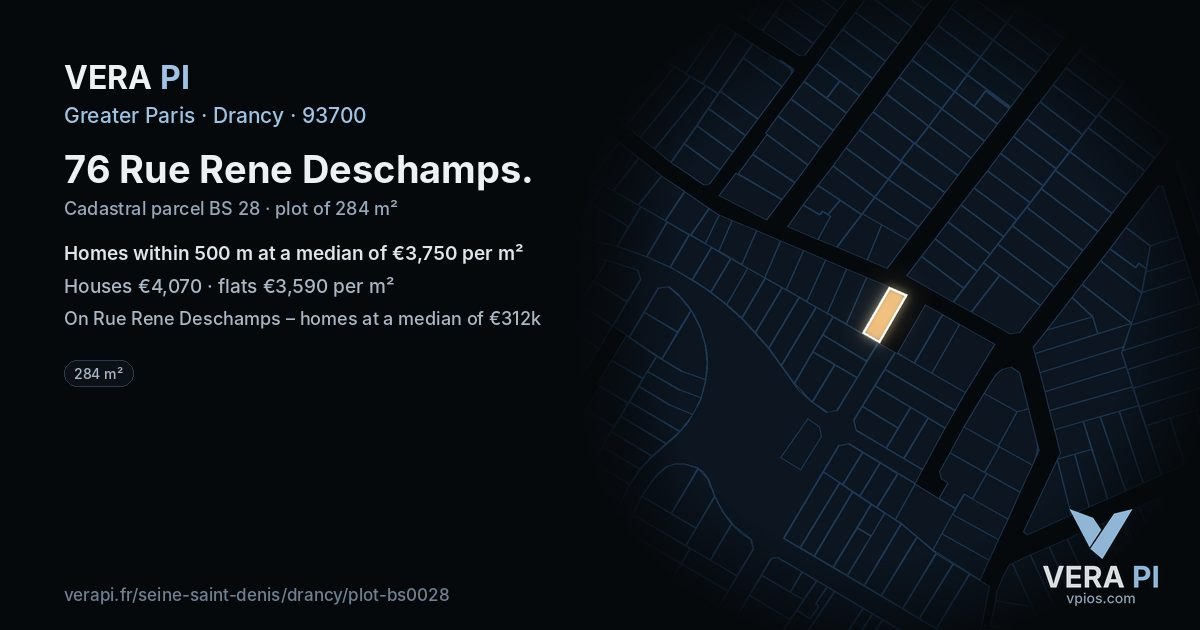 76 Rue Rene Deschamps, Drancy at night – the plot lit, the parcels around coloured by the prices near them
