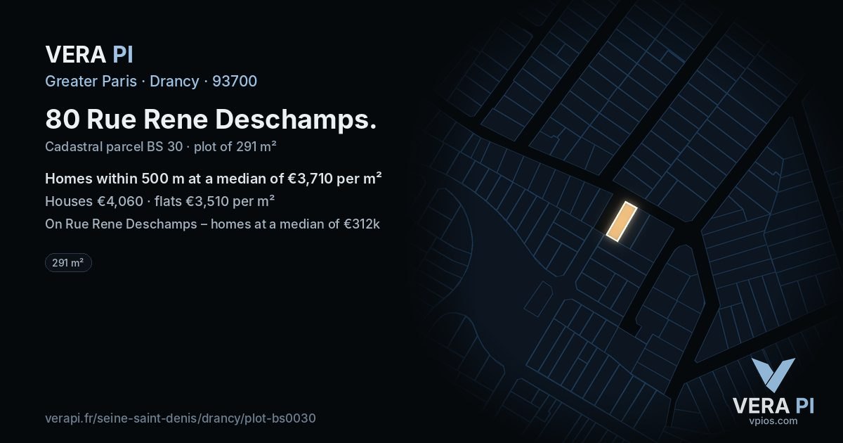 80 Rue Rene Deschamps, Drancy at night – the plot lit, the parcels around coloured by the prices near them