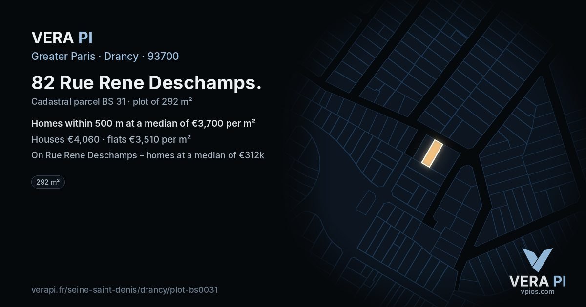 82 Rue Rene Deschamps, Drancy at night – the plot lit, the parcels around coloured by the prices near them