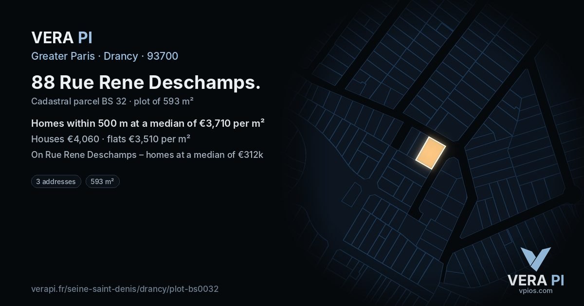 88 Rue Rene Deschamps, Drancy at night – the plot lit, the parcels around coloured by the prices near them