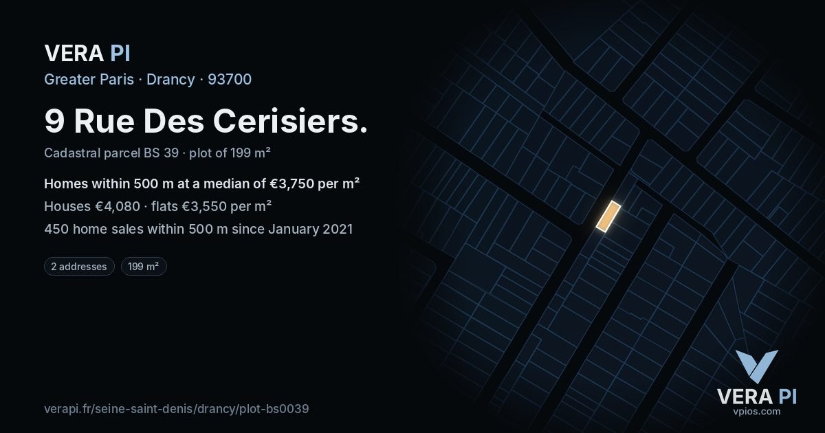 9 Rue Des Cerisiers, Drancy at night – the plot lit, the parcels around coloured by the prices near them