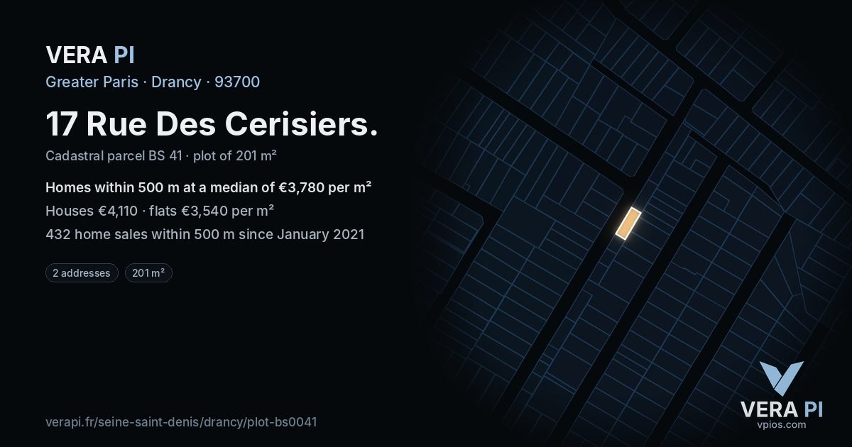 17 Rue Des Cerisiers, Drancy at night – the plot lit, the parcels around coloured by the prices near them