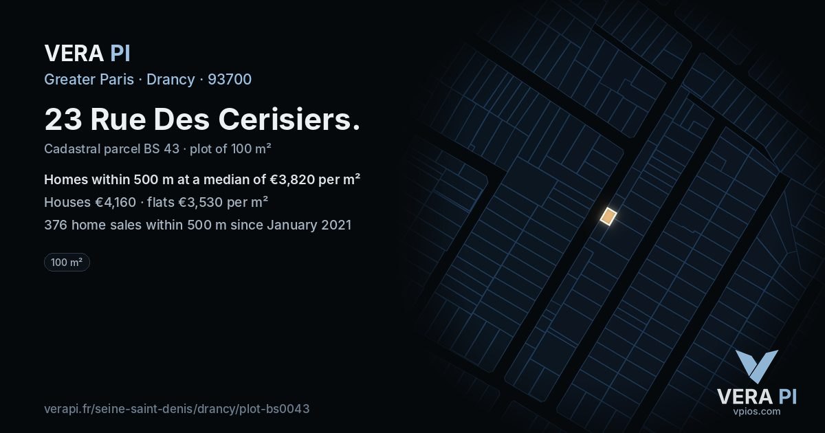 23 Rue Des Cerisiers, Drancy at night – the plot lit, the parcels around coloured by the prices near them