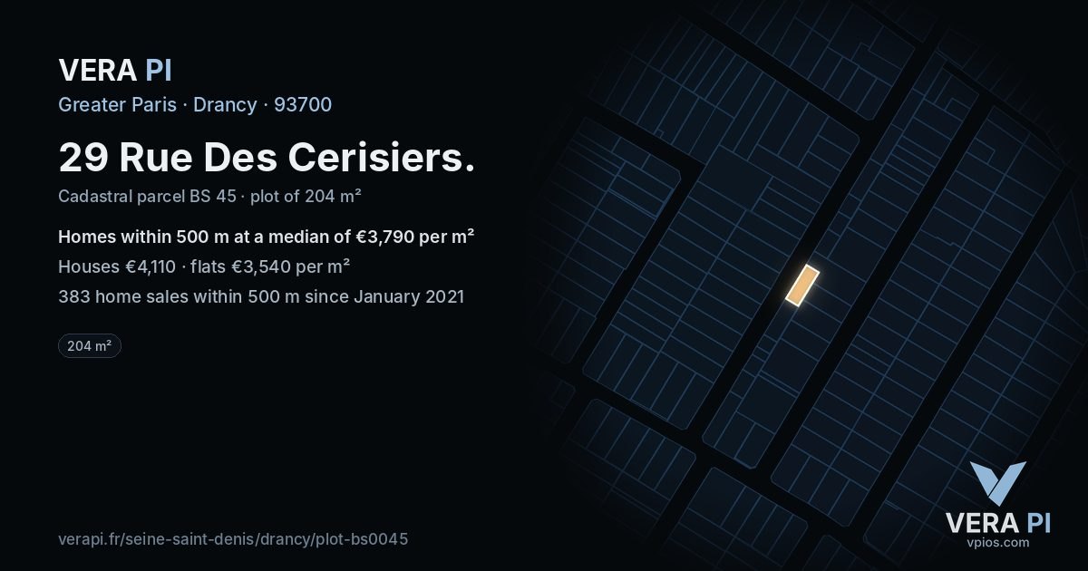 29 Rue Des Cerisiers, Drancy at night – the plot lit, the parcels around coloured by the prices near them
