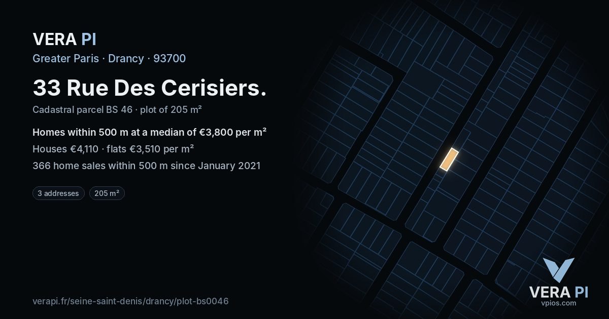 33 Rue Des Cerisiers, Drancy at night – the plot lit, the parcels around coloured by the prices near them