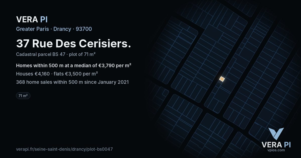 37 Rue Des Cerisiers, Drancy at night – the plot lit, the parcels around coloured by the prices near them