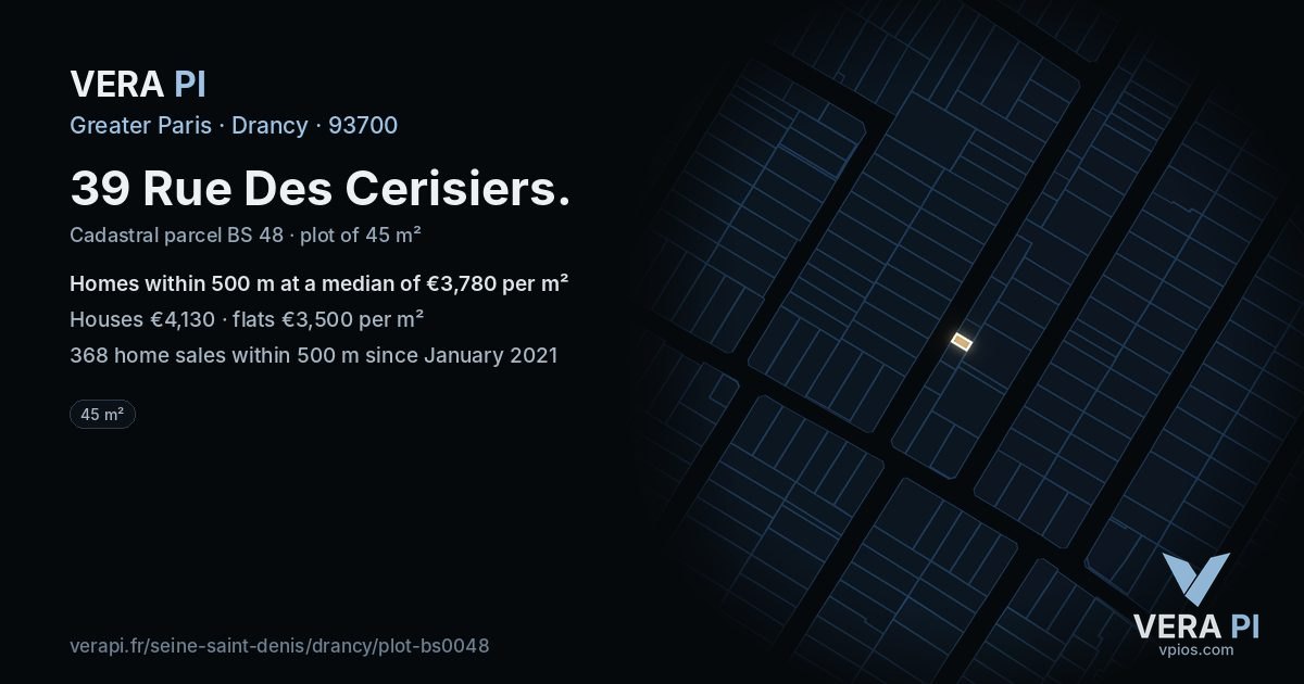 39 Rue Des Cerisiers, Drancy at night – the plot lit, the parcels around coloured by the prices near them