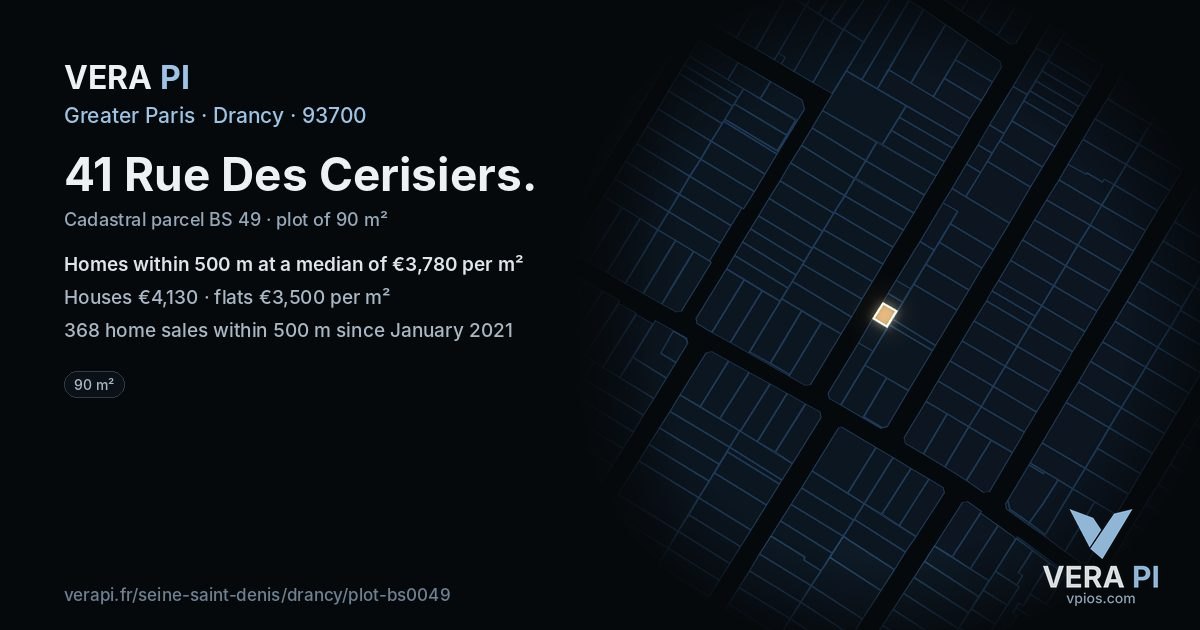 41 Rue Des Cerisiers, Drancy at night – the plot lit, the parcels around coloured by the prices near them