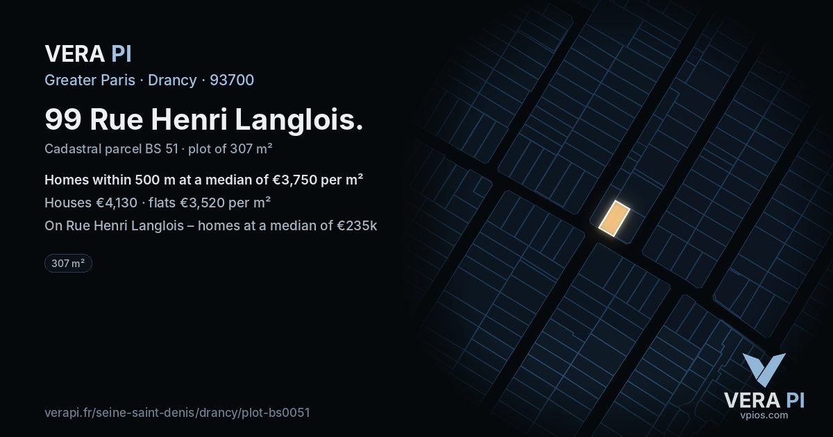 99 Rue Henri Langlois, Drancy at night – the plot lit, the parcels around coloured by the prices near them