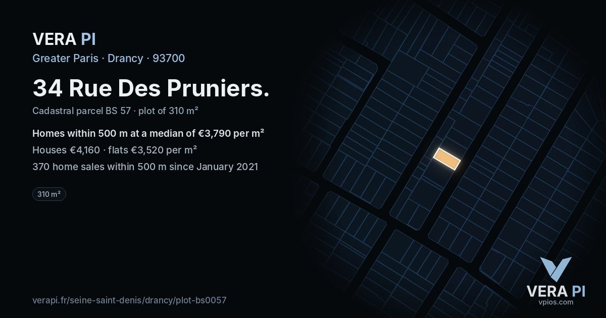 34 Rue Des Pruniers, Drancy at night – the plot lit, the parcels around coloured by the prices near them