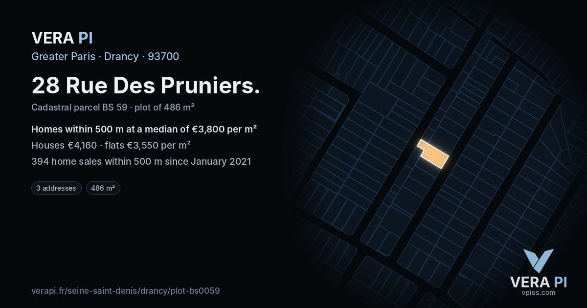 28 Rue Des Pruniers, Drancy at night – the plot lit, the parcels around coloured by the prices near them
