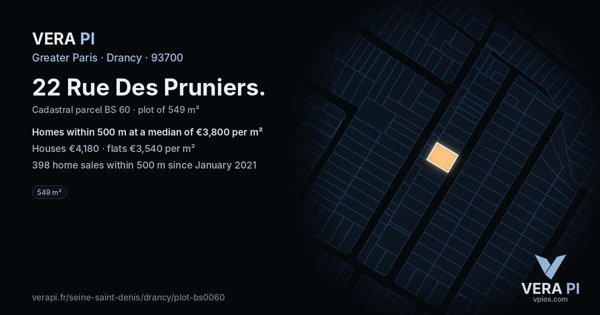 22 Rue Des Pruniers, Drancy at night – the plot lit, the parcels around coloured by the prices near them