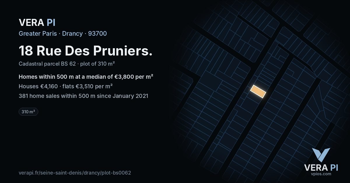18 Rue Des Pruniers, Drancy at night – the plot lit, the parcels around coloured by the prices near them
