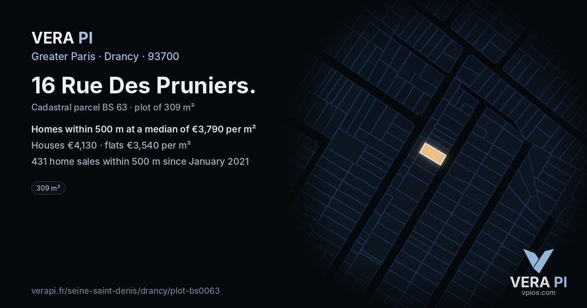 16 Rue Des Pruniers, Drancy at night – the plot lit, the parcels around coloured by the prices near them