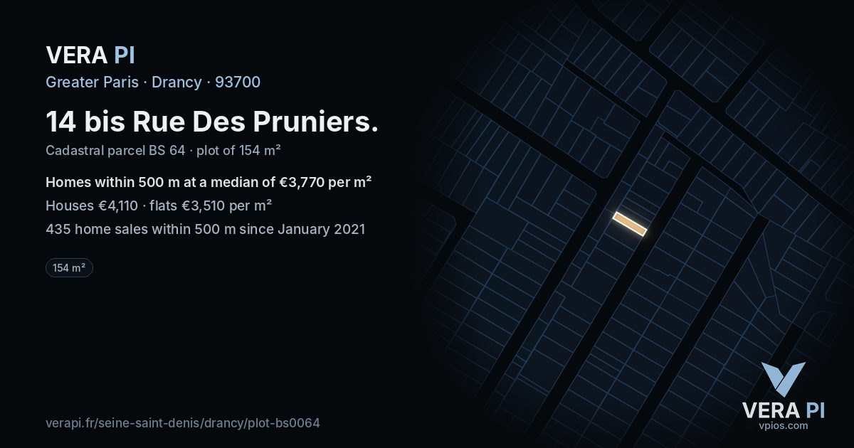 14 bis Rue Des Pruniers, Drancy at night – the plot lit, the parcels around coloured by the prices near them