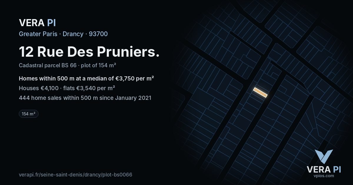 12 Rue Des Pruniers, Drancy at night – the plot lit, the parcels around coloured by the prices near them