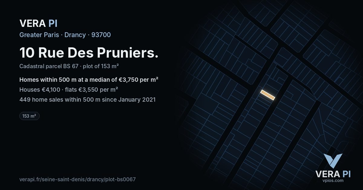 10 Rue Des Pruniers, Drancy at night – the plot lit, the parcels around coloured by the prices near them