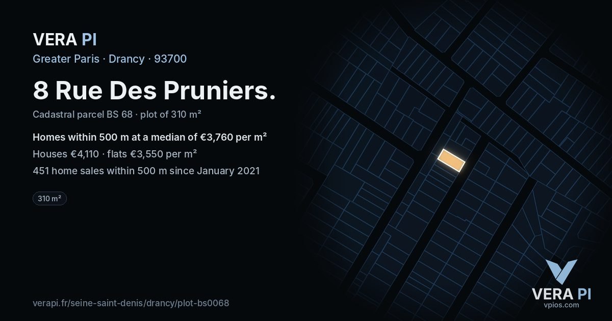 8 Rue Des Pruniers, Drancy at night – the plot lit, the parcels around coloured by the prices near them
