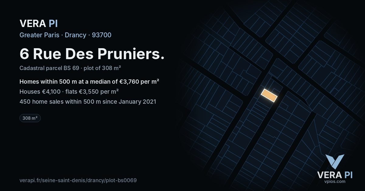 6 Rue Des Pruniers, Drancy at night – the plot lit, the parcels around coloured by the prices near them