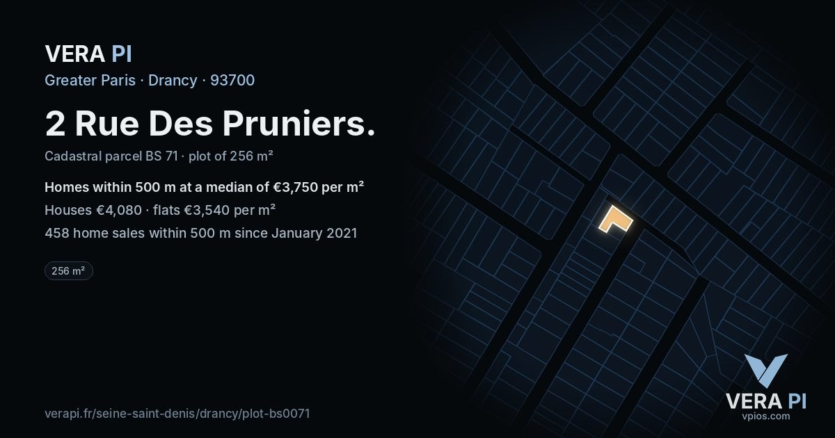 2 Rue Des Pruniers, Drancy at night – the plot lit, the parcels around coloured by the prices near them
