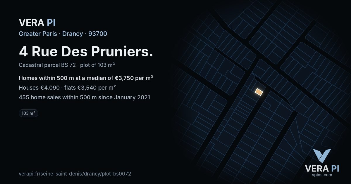 4 Rue Des Pruniers, Drancy at night – the plot lit, the parcels around coloured by the prices near them