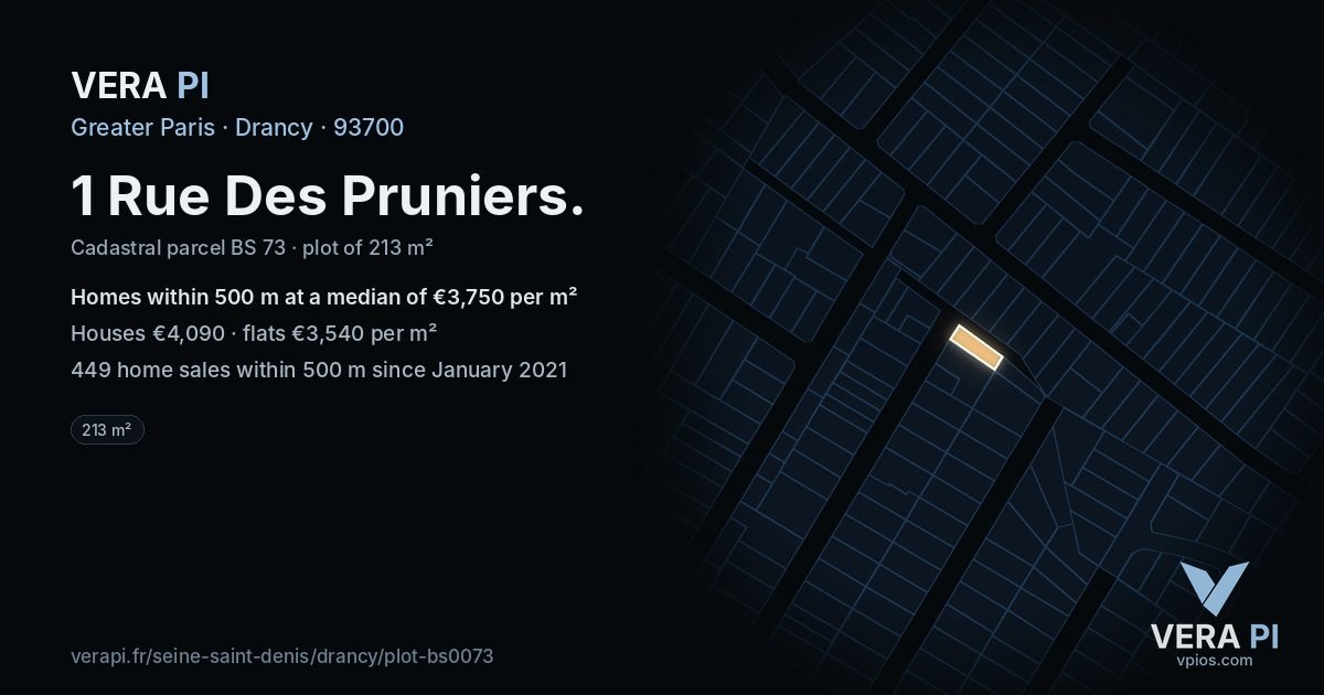 1 Rue Des Pruniers, Drancy at night – the plot lit, the parcels around coloured by the prices near them