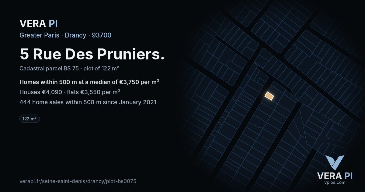5 Rue Des Pruniers, Drancy at night – the plot lit, the parcels around coloured by the prices near them