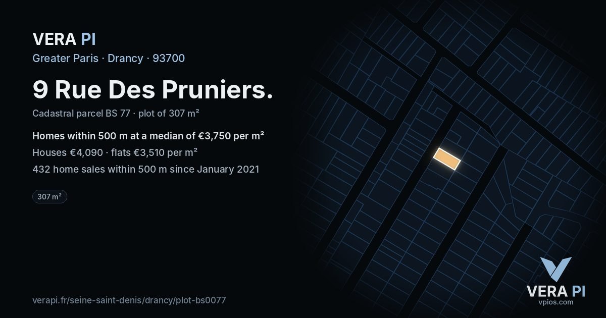 9 Rue Des Pruniers, Drancy at night – the plot lit, the parcels around coloured by the prices near them