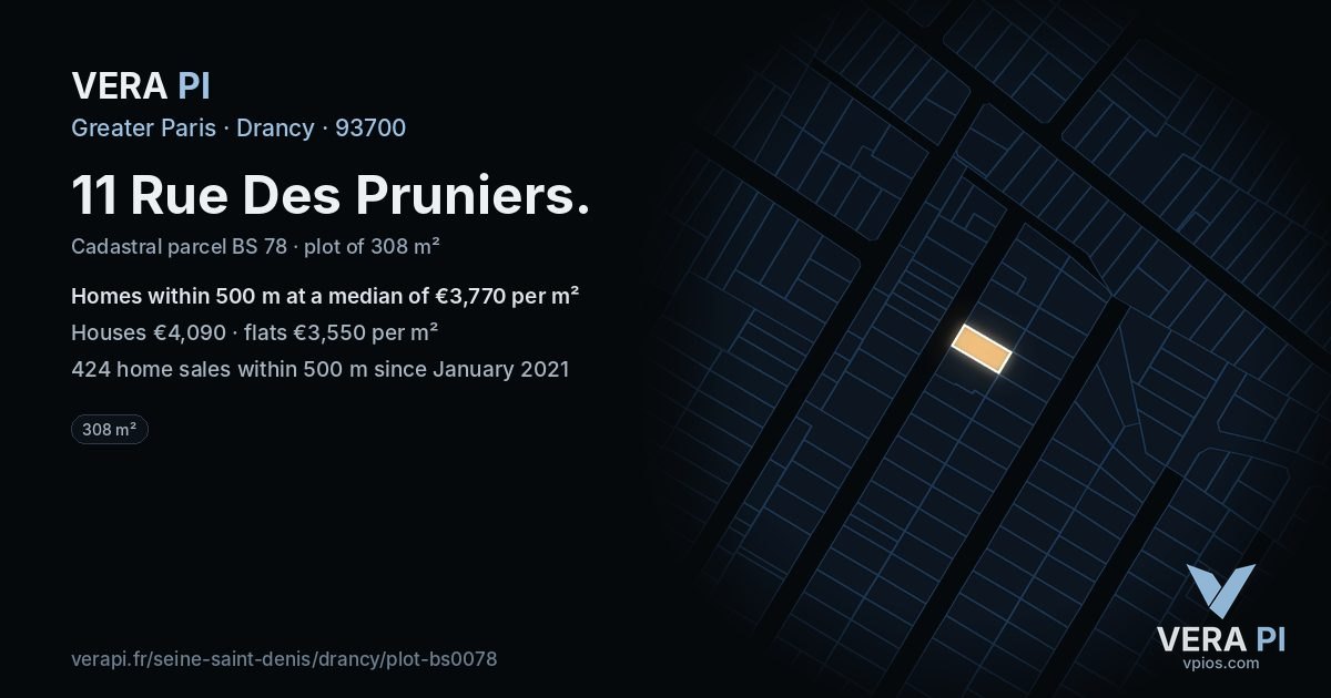 11 Rue Des Pruniers, Drancy at night – the plot lit, the parcels around coloured by the prices near them
