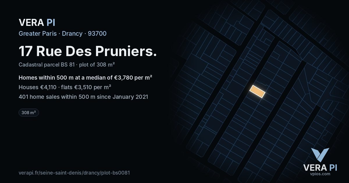 17 Rue Des Pruniers, Drancy at night – the plot lit, the parcels around coloured by the prices near them