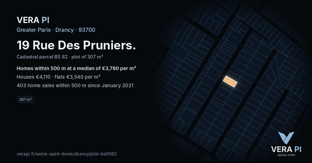 19 Rue Des Pruniers, Drancy at night – the plot lit, the parcels around coloured by the prices near them