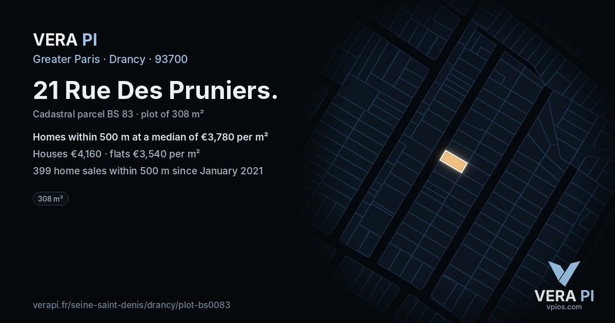 21 Rue Des Pruniers, Drancy at night – the plot lit, the parcels around coloured by the prices near them