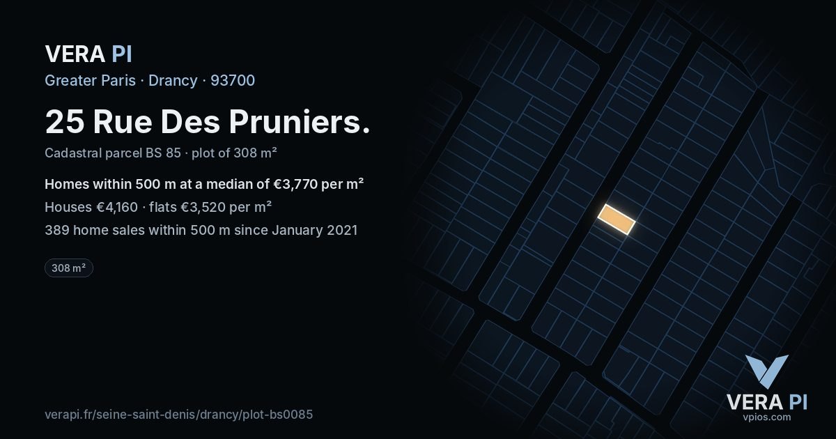 25 Rue Des Pruniers, Drancy at night – the plot lit, the parcels around coloured by the prices near them