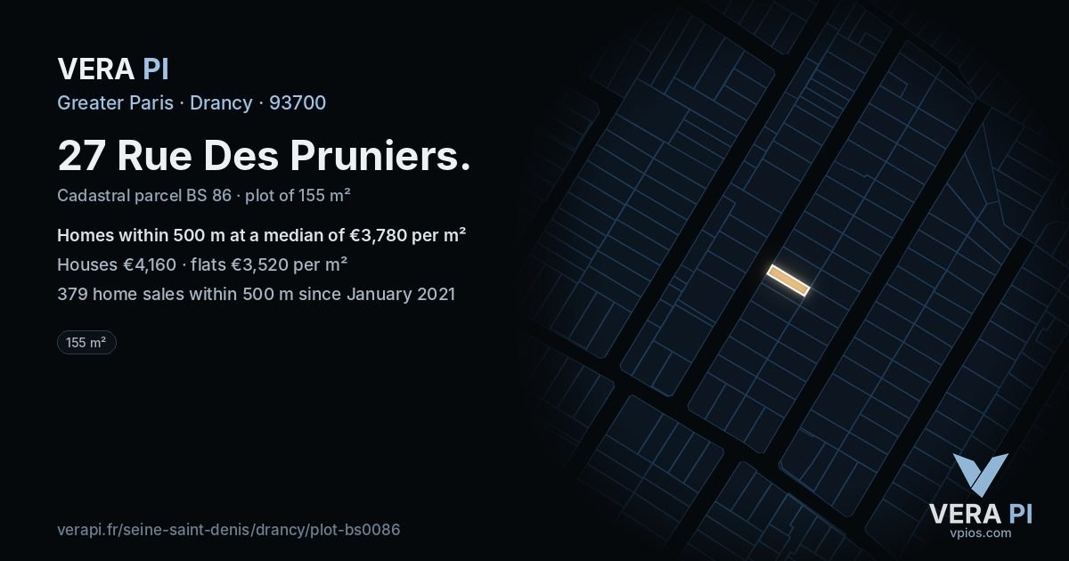 27 Rue Des Pruniers, Drancy at night – the plot lit, the parcels around coloured by the prices near them