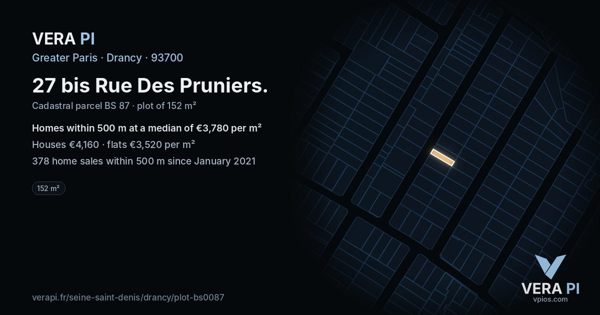 27 bis Rue Des Pruniers, Drancy at night – the plot lit, the parcels around coloured by the prices near them