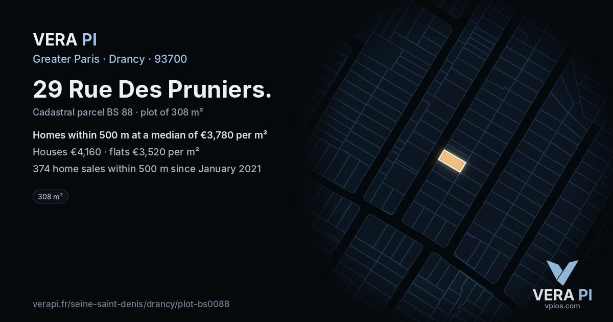 29 Rue Des Pruniers, Drancy at night – the plot lit, the parcels around coloured by the prices near them