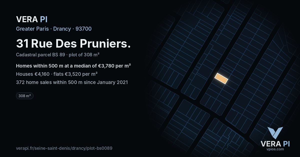 31 Rue Des Pruniers, Drancy at night – the plot lit, the parcels around coloured by the prices near them