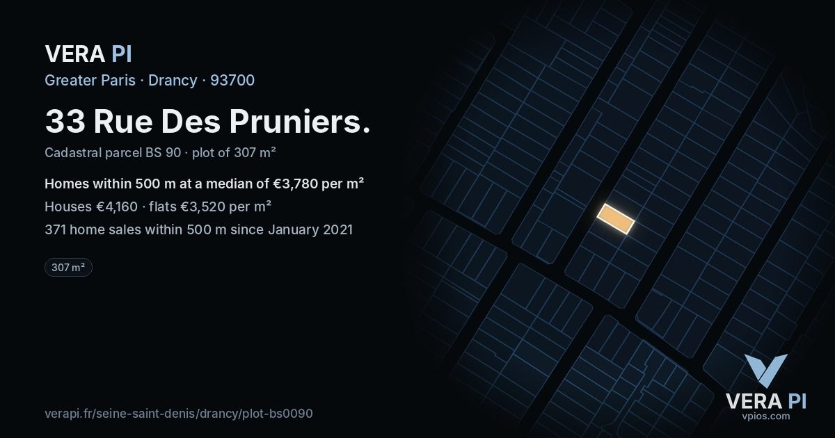 33 Rue Des Pruniers, Drancy at night – the plot lit, the parcels around coloured by the prices near them
