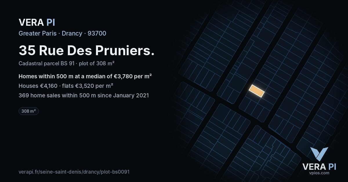 35 Rue Des Pruniers, Drancy at night – the plot lit, the parcels around coloured by the prices near them