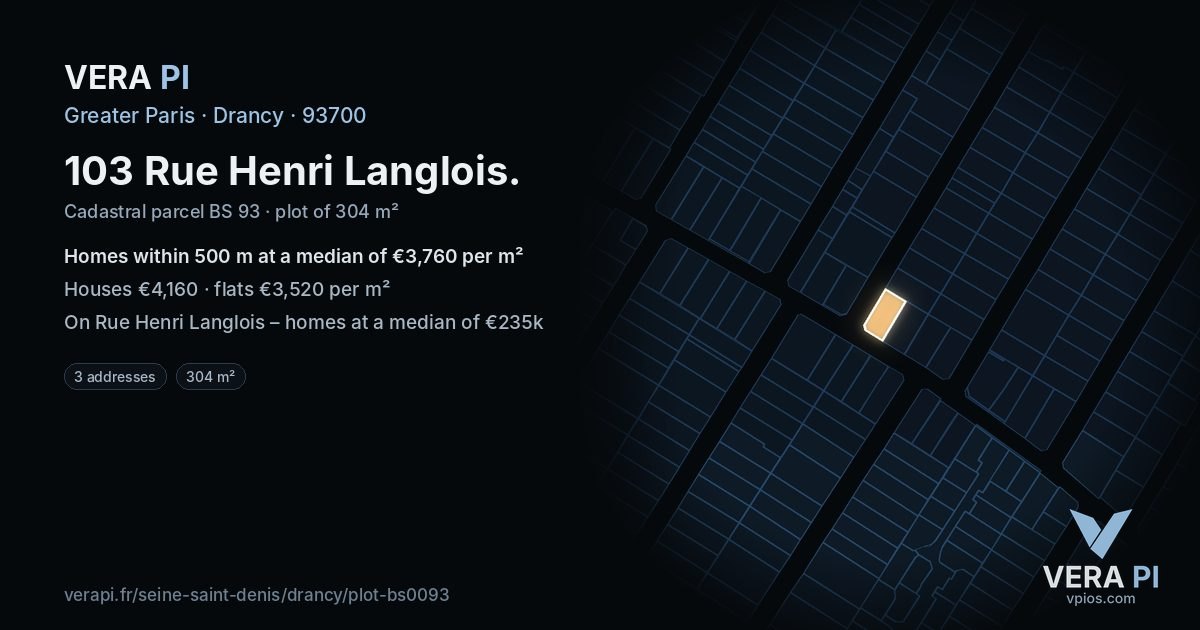 103 Rue Henri Langlois, Drancy at night – the plot lit, the parcels around coloured by the prices near them