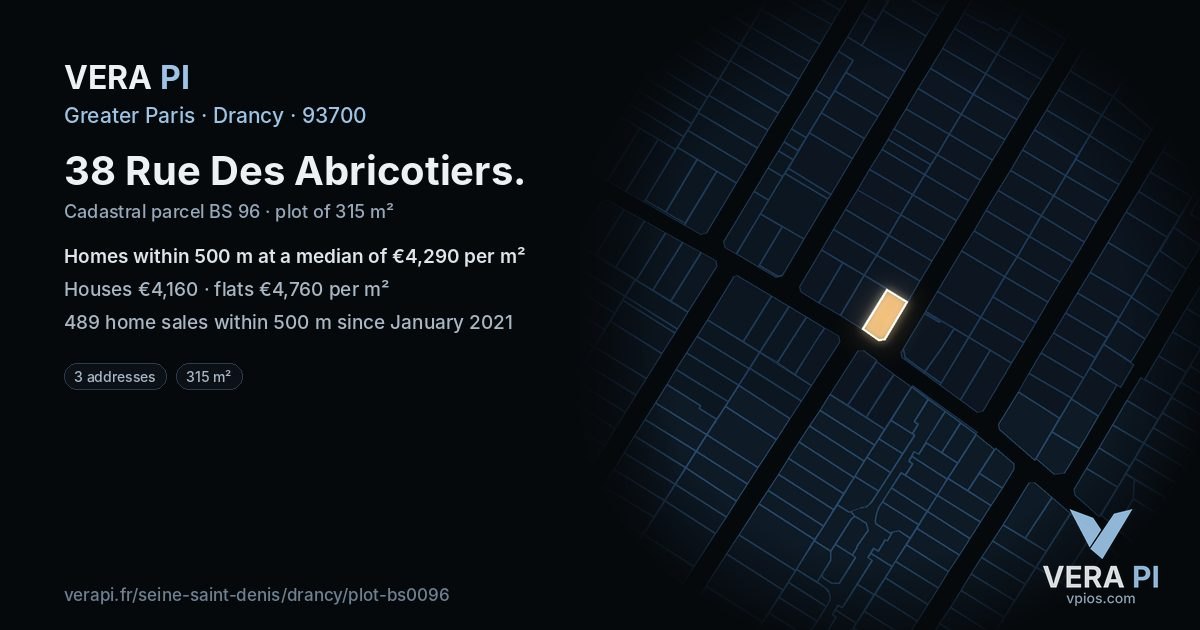 38 Rue Des Abricotiers, Drancy at night – the plot lit, the parcels around coloured by the prices near them