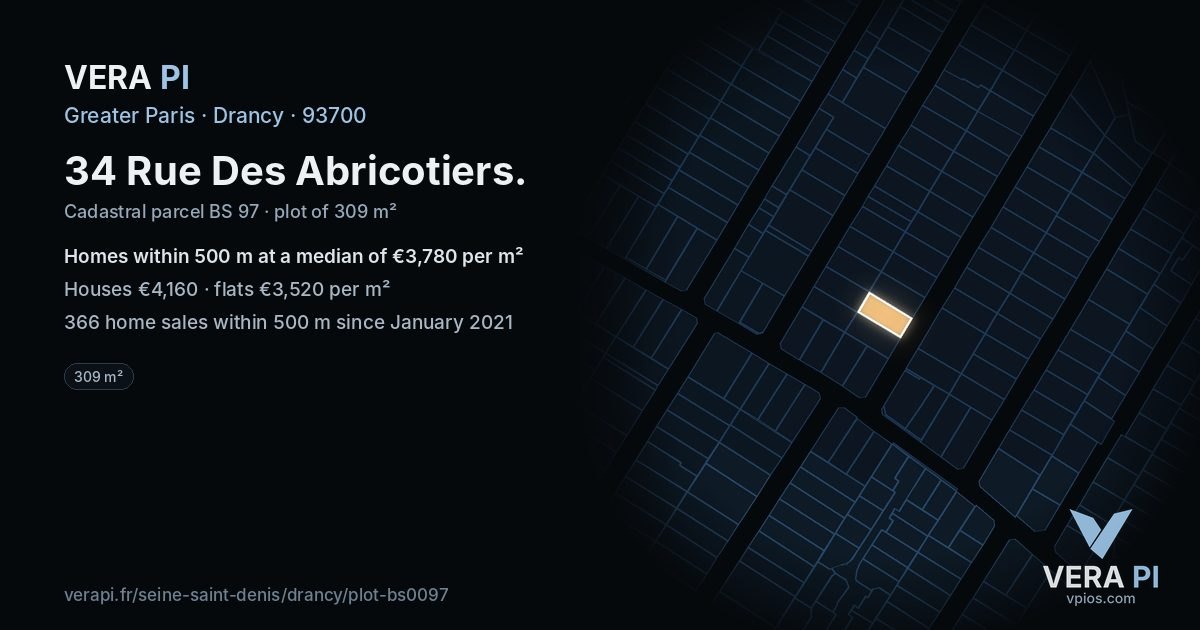 34 Rue Des Abricotiers, Drancy at night – the plot lit, the parcels around coloured by the prices near them