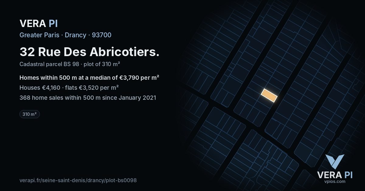 32 Rue Des Abricotiers, Drancy at night – the plot lit, the parcels around coloured by the prices near them