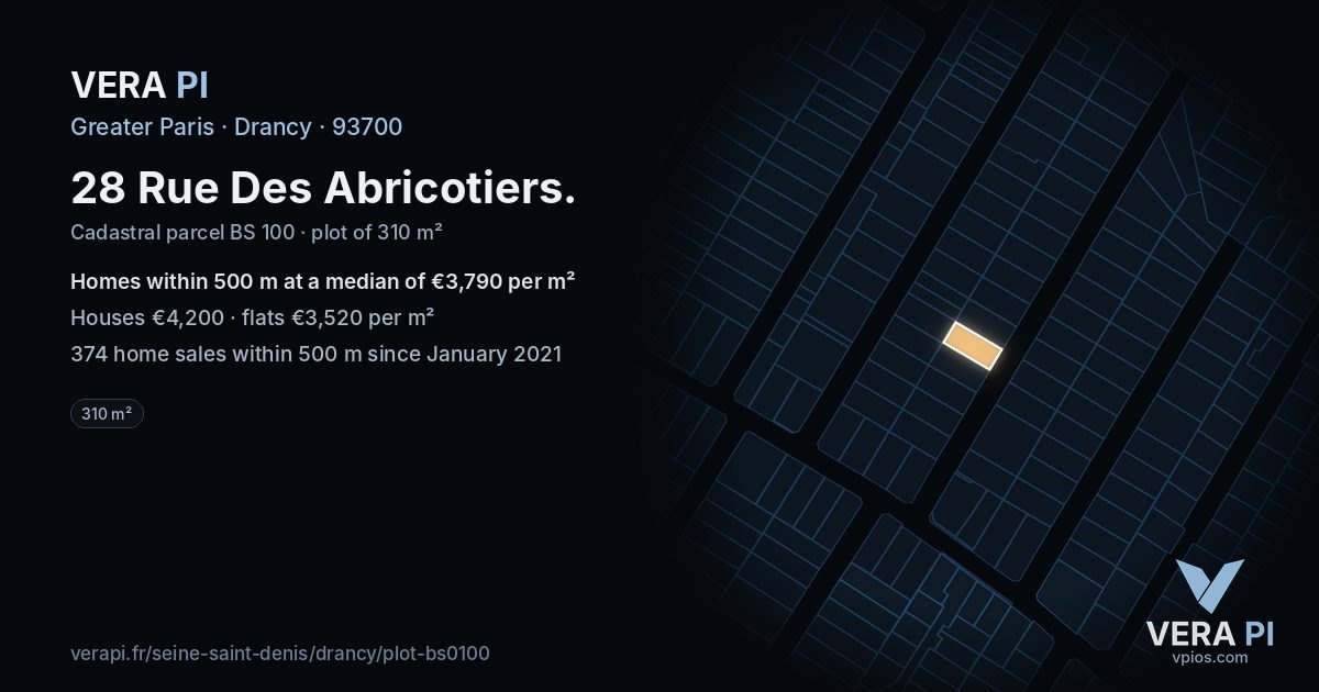 28 Rue Des Abricotiers, Drancy at night – the plot lit, the parcels around coloured by the prices near them