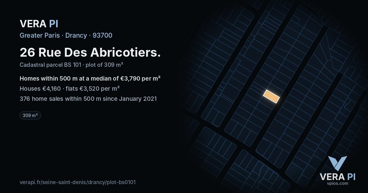26 Rue Des Abricotiers, Drancy at night – the plot lit, the parcels around coloured by the prices near them